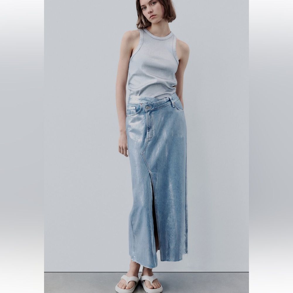 NWT ZARA METALLIC DENIM ASYMMETRIC SKIRT SILVER